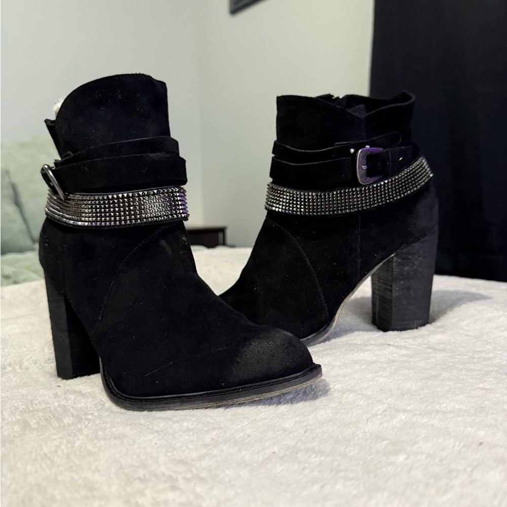 Black Suede Ankle Boots with Silver Accents